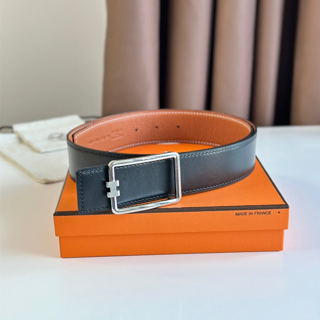 HM TUBE H BELT BUCKLE & REVERSIBLE BLACK AND YAM ORANGE LEATHER STRAP 38MM SILVER HARDWARE - 30