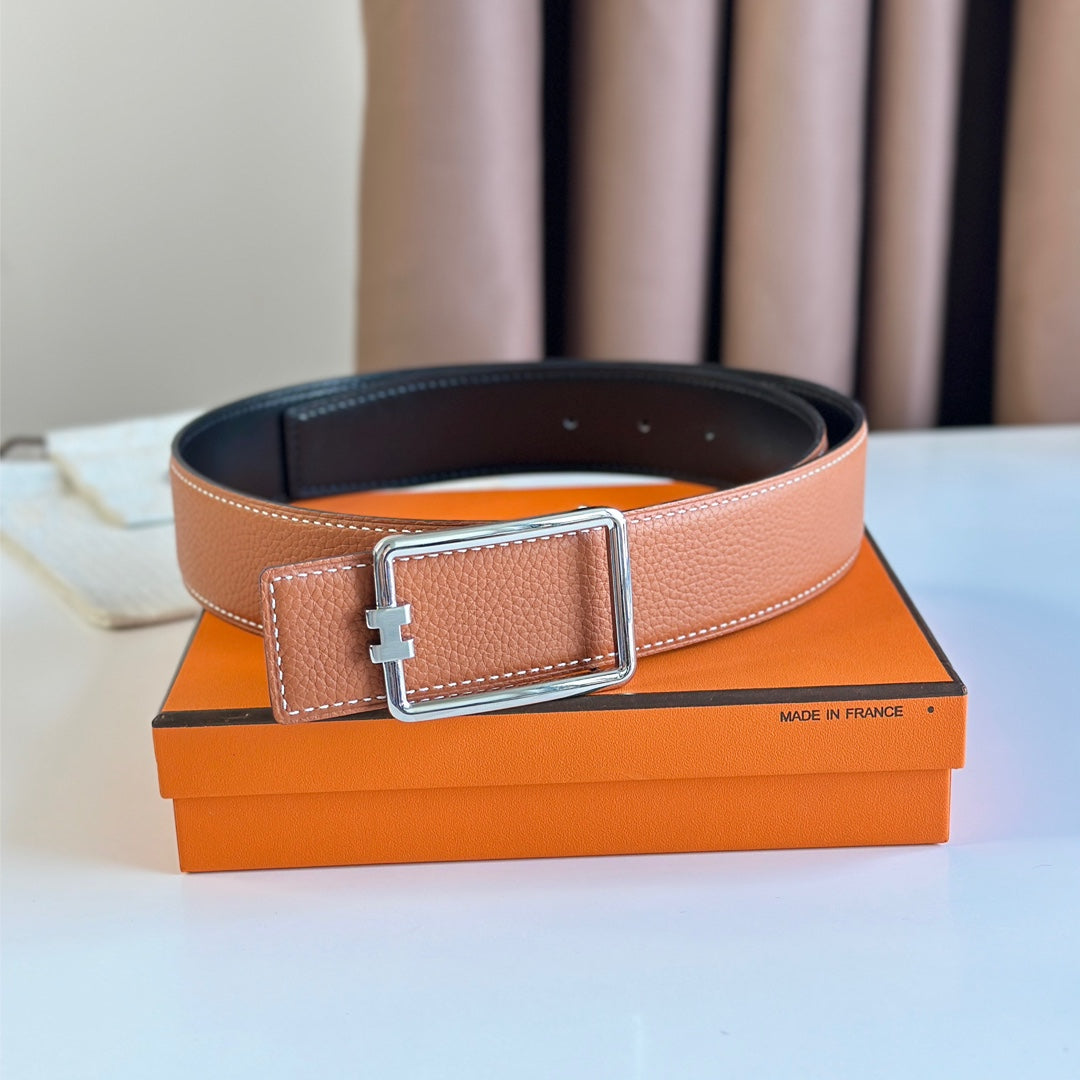 HM TUBE H BELT BUCKLE & REVERSIBLE BLACK AND YAM ORANGE LEATHER STRAP 38MM SILVER HARDWARE - 30