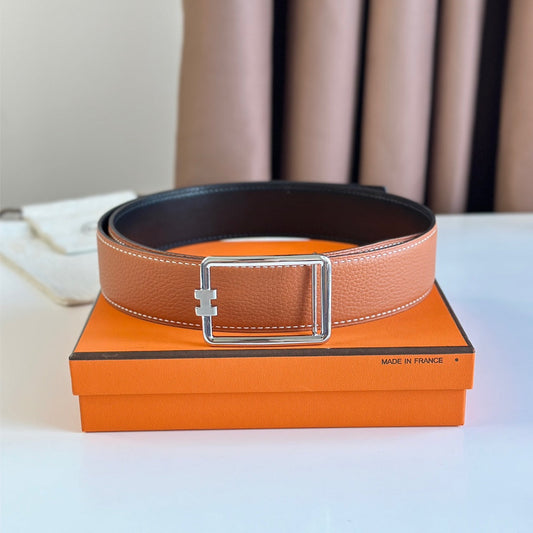 HM TUBE H BELT BUCKLE & REVERSIBLE BLACK AND YAM ORANGE LEATHER STRAP 38MM SILVER HARDWARE - 30