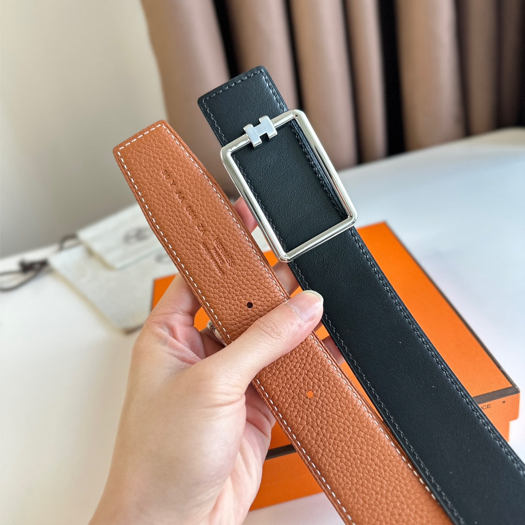 HM TUBE H BELT BUCKLE & REVERSIBLE BLACK AND YAM ORANGE LEATHER STRAP 38MM SILVER HARDWARE - 30