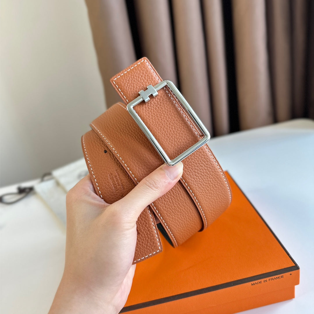 HM TUBE H BELT BUCKLE & REVERSIBLE BLACK AND YAM ORANGE LEATHER STRAP 38MM SILVER HARDWARE - 30