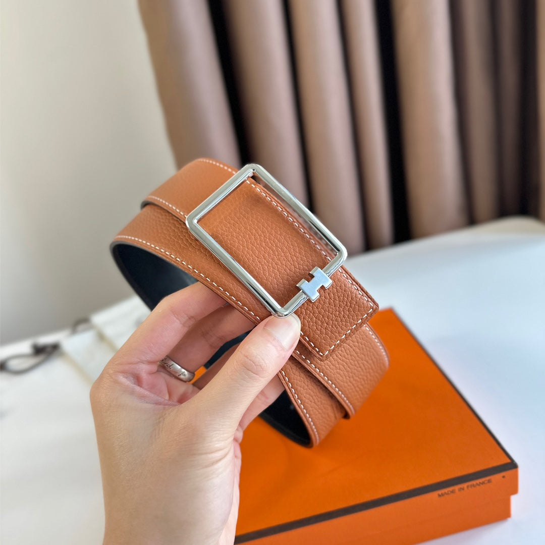 HM TUBE H BELT BUCKLE & REVERSIBLE BLACK AND YAM ORANGE LEATHER STRAP 38MM SILVER HARDWARE - 30