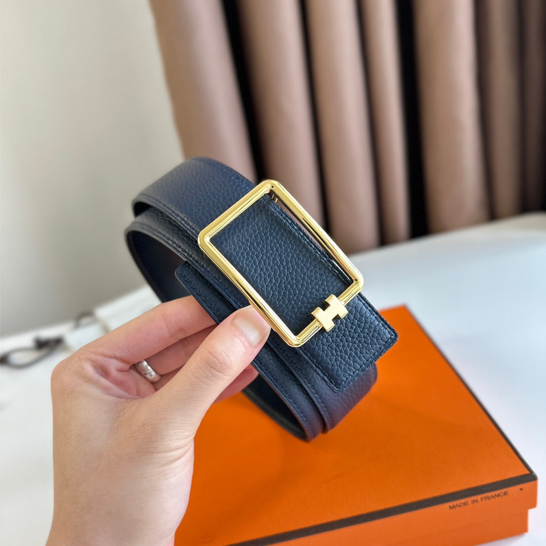 HM TUBE H BELT BUCKLE & REVERSIBLE BLACK AND AEGEAN BLUE LEATHER STRAP 38MM GOLD HARDWARE - 30