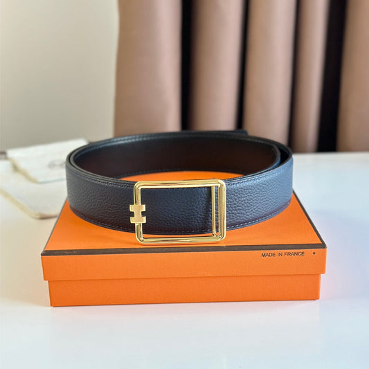 HM TUBE H BELT BUCKLE & REVERSIBLE BLACK AND AEGEAN BLUE LEATHER STRAP 38MM GOLD HARDWARE - 30