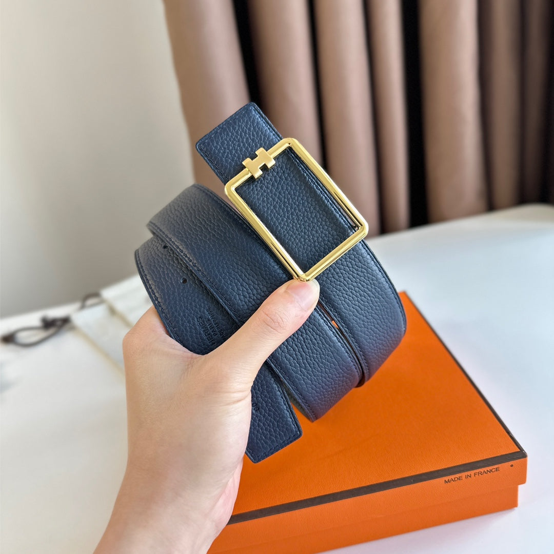 HM TUBE H BELT BUCKLE & REVERSIBLE BLACK AND AEGEAN BLUE LEATHER STRAP 38MM GOLD HARDWARE - 30
