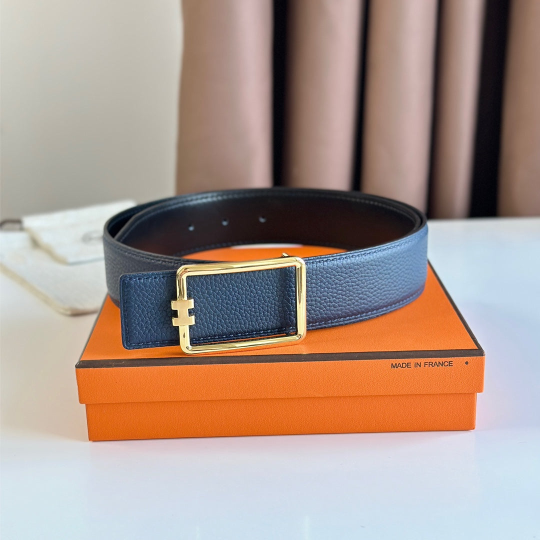 HM TUBE H BELT BUCKLE & REVERSIBLE BLACK AND AEGEAN BLUE LEATHER STRAP 38MM GOLD HARDWARE - 30