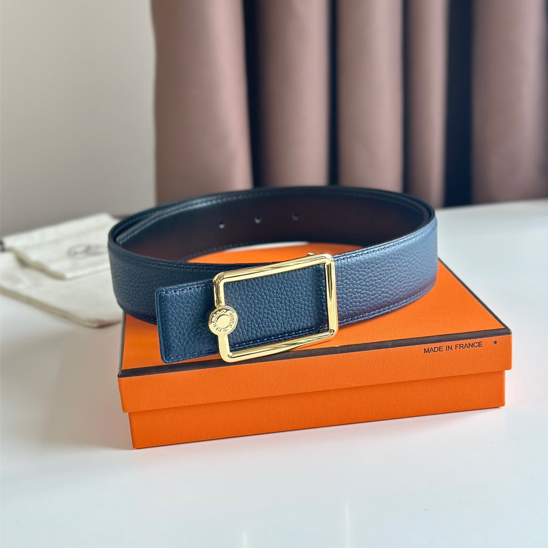 HM OSCAR BELT BUCKLE & REVERSIBLE BLACK AND AEGEAN BLUE LEATHER STRAP 38MM GOLD HARDWARE - 30