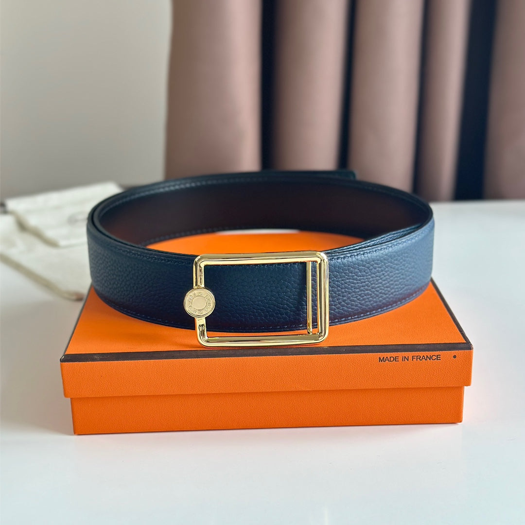 HM OSCAR BELT BUCKLE & REVERSIBLE BLACK AND AEGEAN BLUE LEATHER STRAP 38MM GOLD HARDWARE - 30