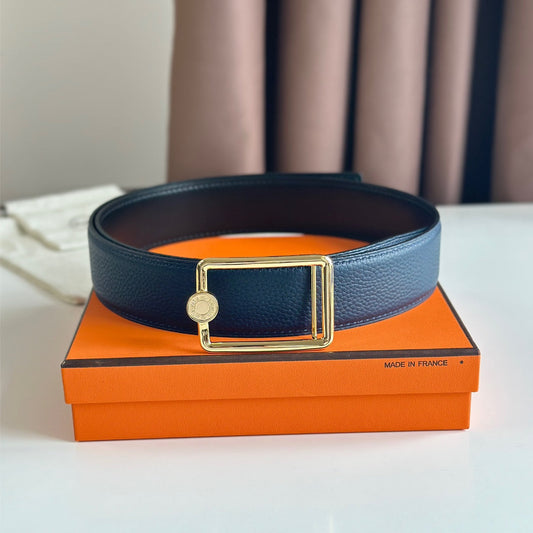 HM OSCAR BELT BUCKLE & REVERSIBLE BLACK AND AEGEAN BLUE LEATHER STRAP 38MM GOLD HARDWARE - 30