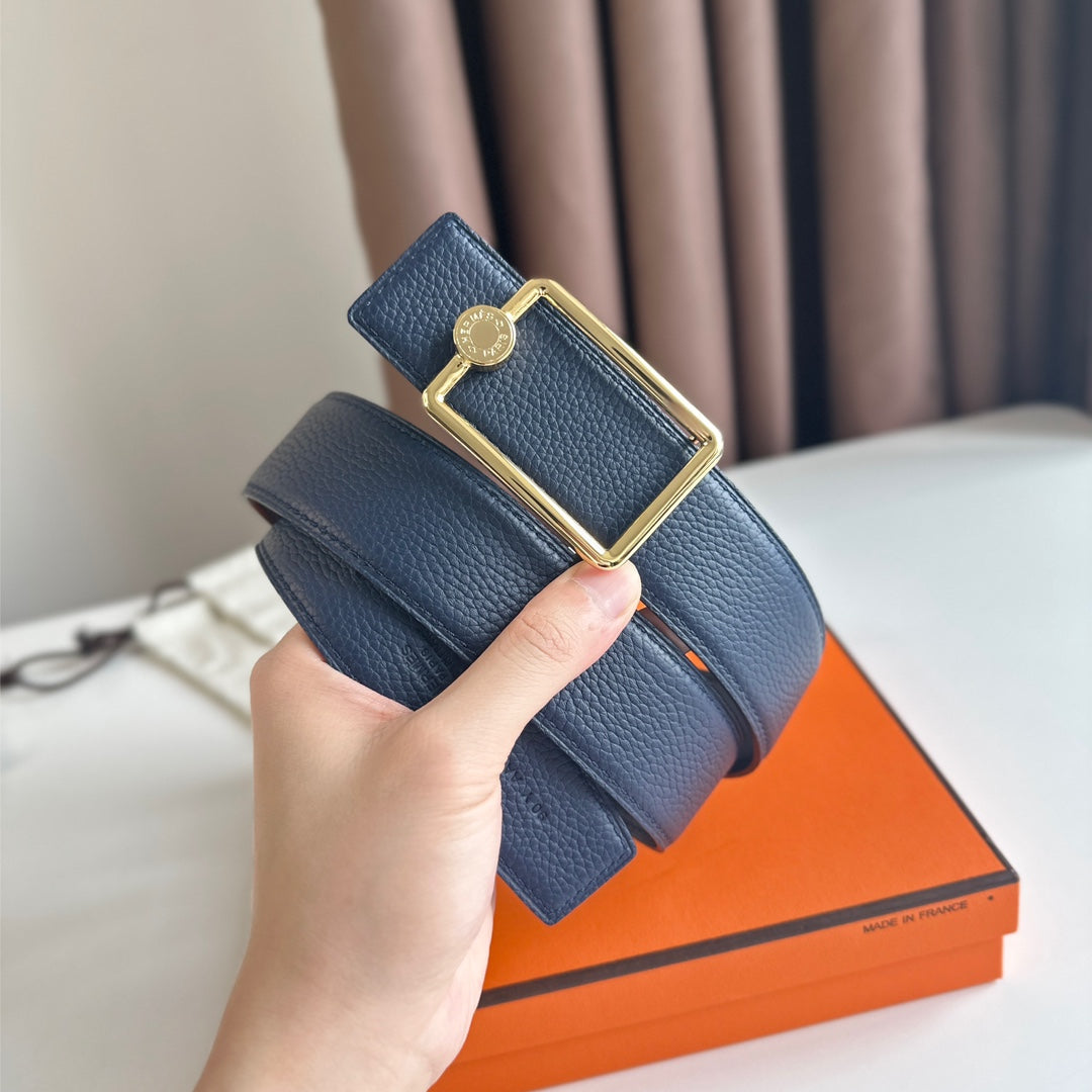 HM OSCAR BELT BUCKLE & REVERSIBLE BLACK AND AEGEAN BLUE LEATHER STRAP 38MM GOLD HARDWARE - 30
