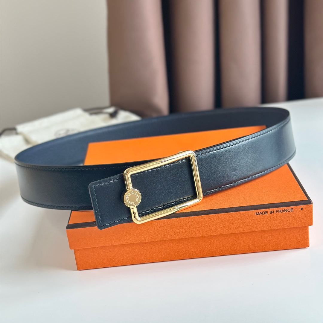 HM OSCAR BELT BUCKLE & REVERSIBLE BLACK AND AEGEAN BLUE LEATHER STRAP 38MM GOLD HARDWARE - 30