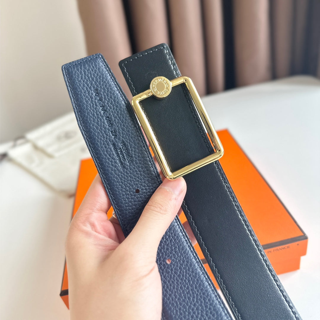 HM OSCAR BELT BUCKLE & REVERSIBLE BLACK AND AEGEAN BLUE LEATHER STRAP 38MM GOLD HARDWARE - 30