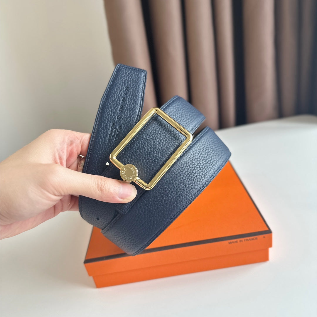 HM OSCAR BELT BUCKLE & REVERSIBLE BLACK AND AEGEAN BLUE LEATHER STRAP 38MM GOLD HARDWARE - 30
