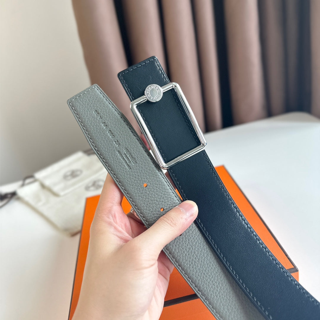 HM OSCAR BELT BUCKLE & REVERSIBLE BLACK AND ASH GREY LEATHER STRAP 38MM SILVER HARDWARE - 30