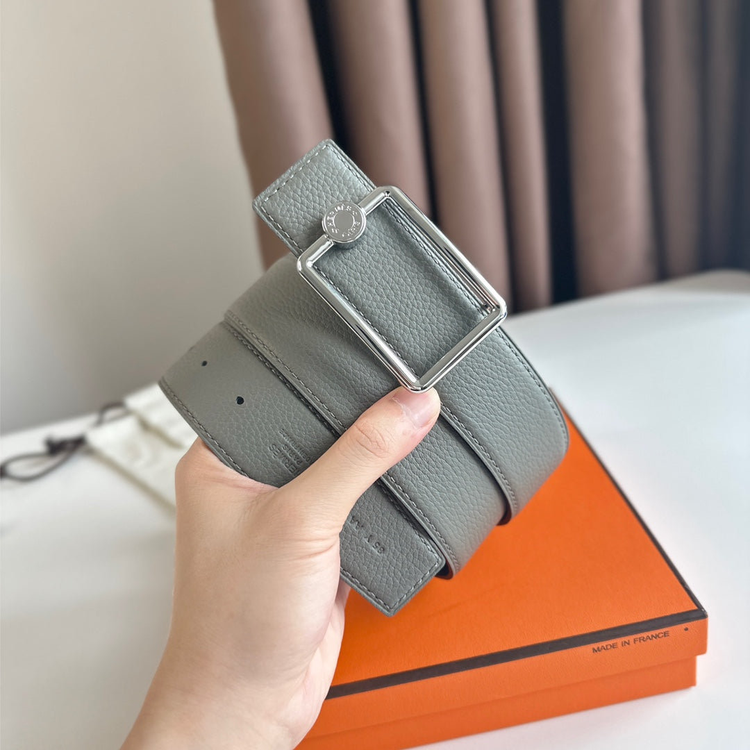 HM OSCAR BELT BUCKLE & REVERSIBLE BLACK AND ASH GREY LEATHER STRAP 38MM SILVER HARDWARE - 30