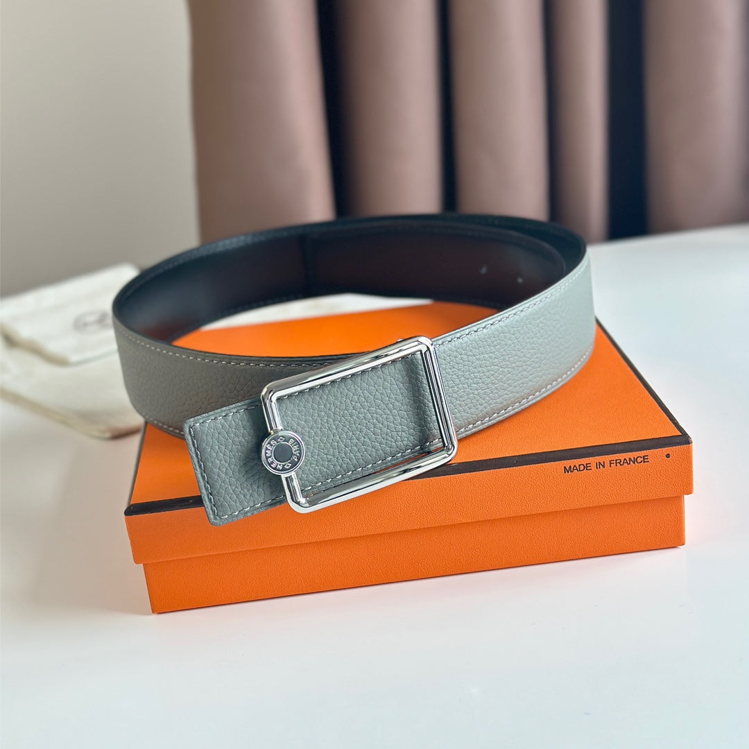 HM OSCAR BELT BUCKLE & REVERSIBLE BLACK AND ASH GREY LEATHER STRAP 38MM SILVER HARDWARE - 30