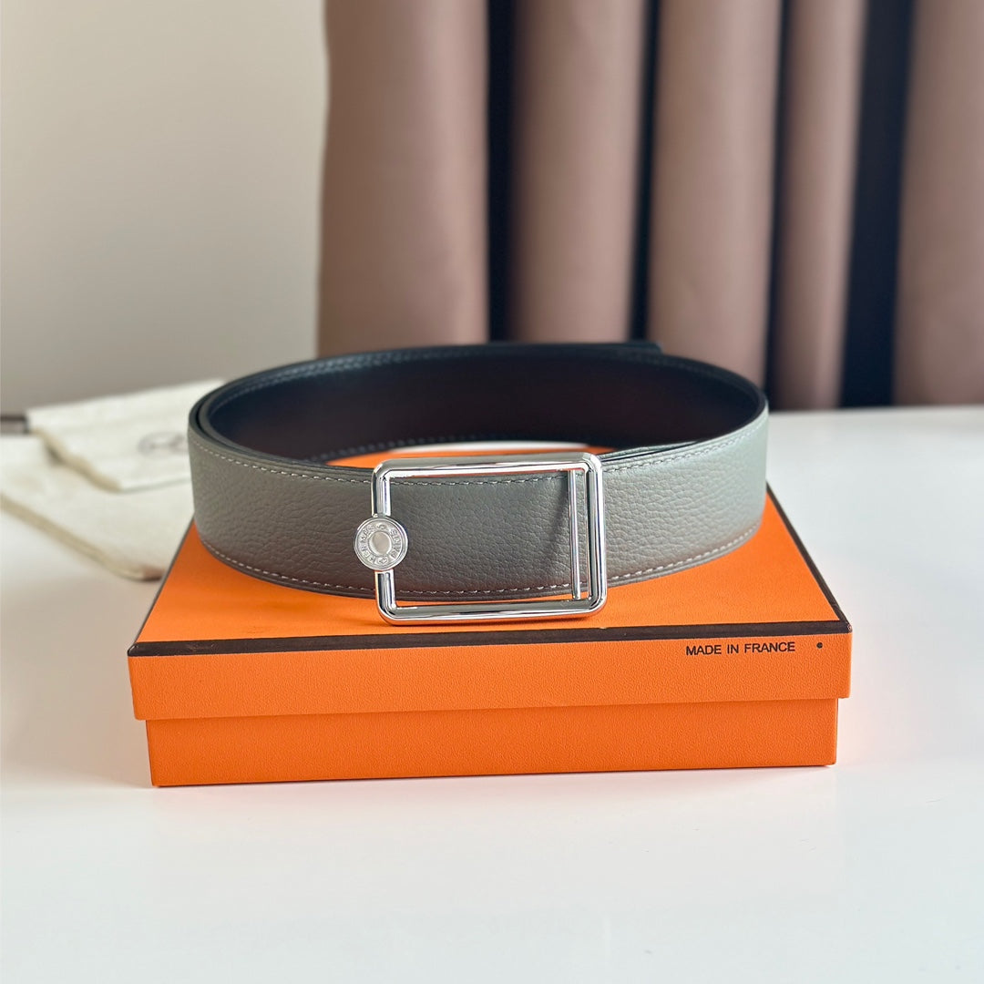 HM OSCAR BELT BUCKLE & REVERSIBLE BLACK AND ASH GREY LEATHER STRAP 38MM SILVER HARDWARE - 30
