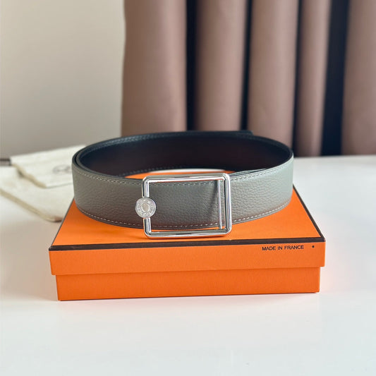 HM OSCAR BELT BUCKLE & REVERSIBLE BLACK AND ASH GREY LEATHER STRAP 38MM SILVER HARDWARE - 30