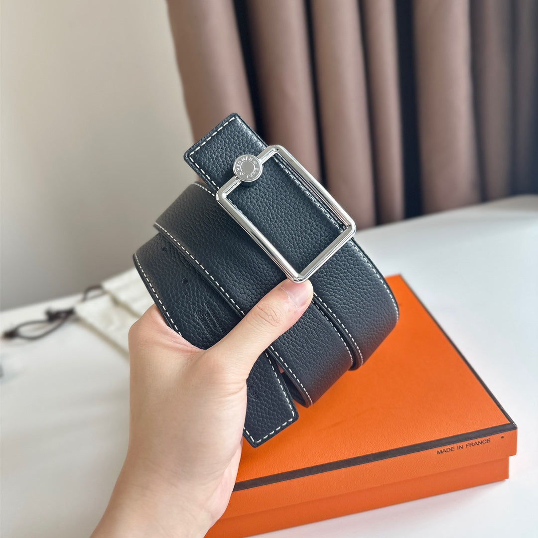 HM OSCAR BELT BUCKLE & REVERSIBLE BLACK LEATHER STRAP 38MM SILVER HARDWARE - 30