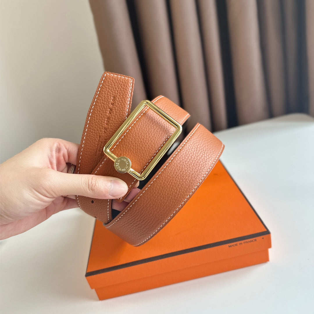 HM OSCAR BELT BUCKLE & REVERSIBLE YAM ORANGE AND BLACK LEATHER STRAP 38MM GOLD HARDWARE - 30
