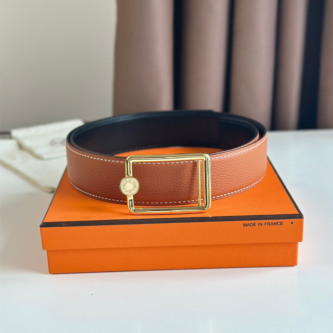 HM OSCAR BELT BUCKLE & REVERSIBLE YAM ORANGE AND BLACK LEATHER STRAP 38MM GOLD HARDWARE - 30