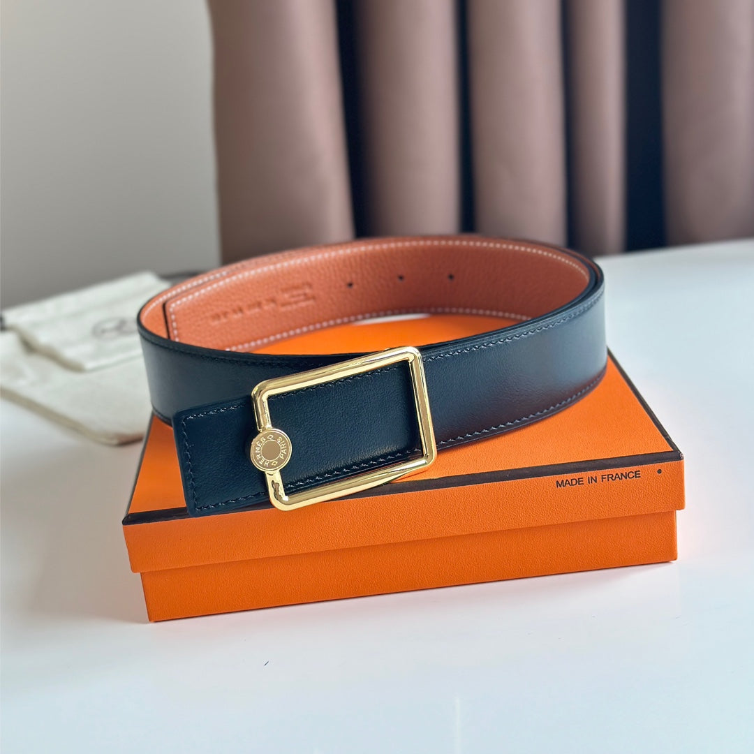 HM OSCAR BELT BUCKLE & REVERSIBLE YAM ORANGE AND BLACK LEATHER STRAP 38MM GOLD HARDWARE - 30