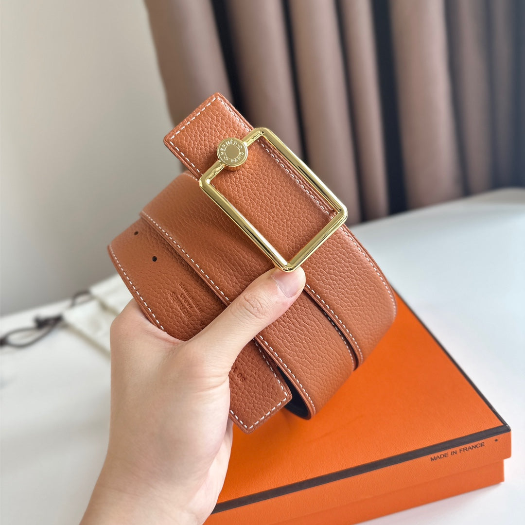 HM OSCAR BELT BUCKLE & REVERSIBLE YAM ORANGE AND BLACK LEATHER STRAP 38MM GOLD HARDWARE - 30