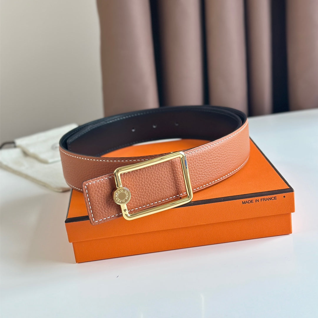 HM OSCAR BELT BUCKLE & REVERSIBLE YAM ORANGE AND BLACK LEATHER STRAP 38MM GOLD HARDWARE - 30