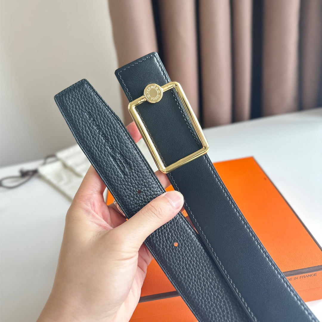 HM OSCAR BELT BUCKLE & REVERSIBLE BLACK LEATHER STRAP 38MM GOLD HARDWARE - 30