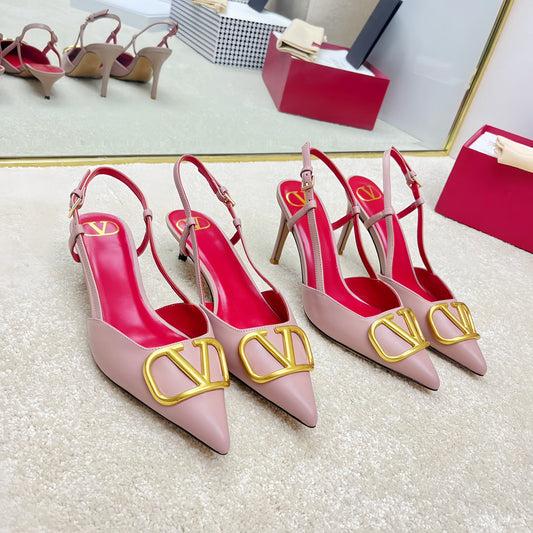 VLOGO SLINGBACK PUMP IN ROSE PINK CALFSKIN LEATHER WITH GOLD LOGO - 35 / 4 cm
