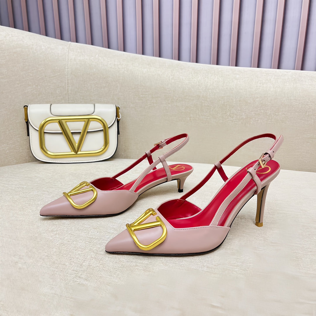 VLOGO SLINGBACK PUMP IN ROSE PINK CALFSKIN LEATHER WITH GOLD LOGO - 35 / 4 cm