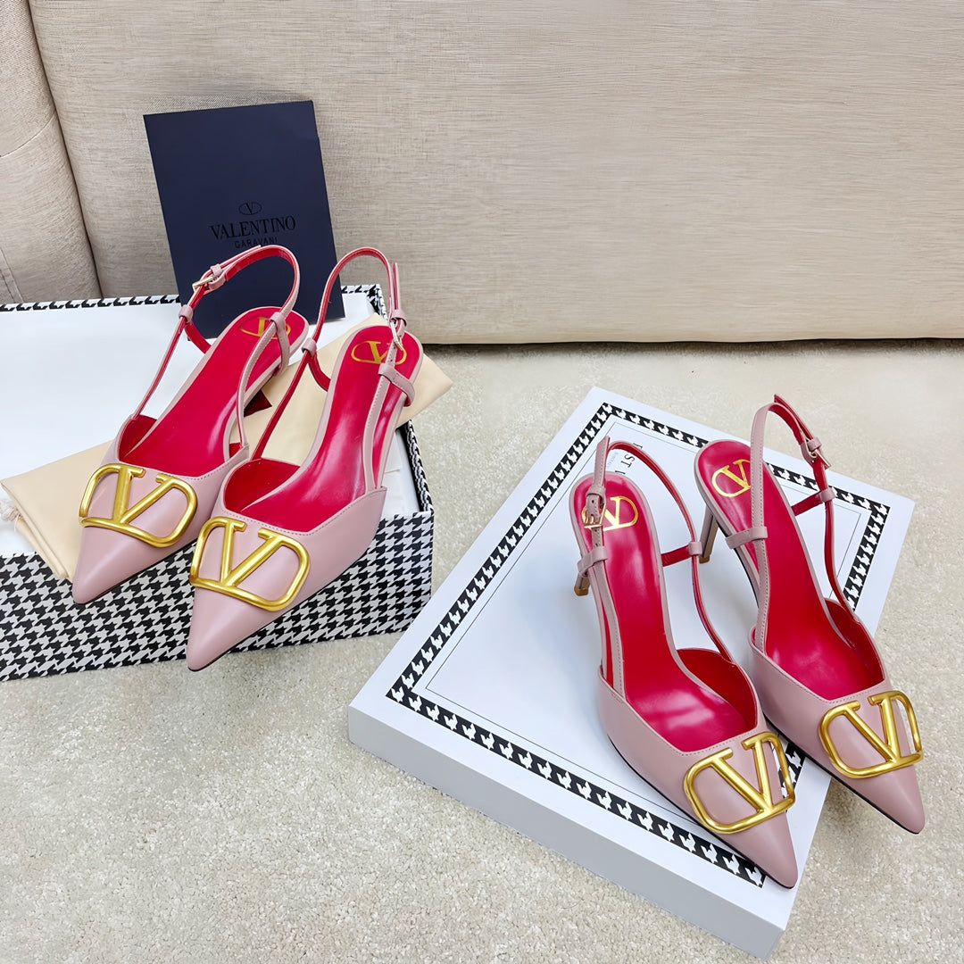 VLOGO SLINGBACK PUMP IN ROSE PINK CALFSKIN LEATHER WITH GOLD LOGO - 35 / 4 cm