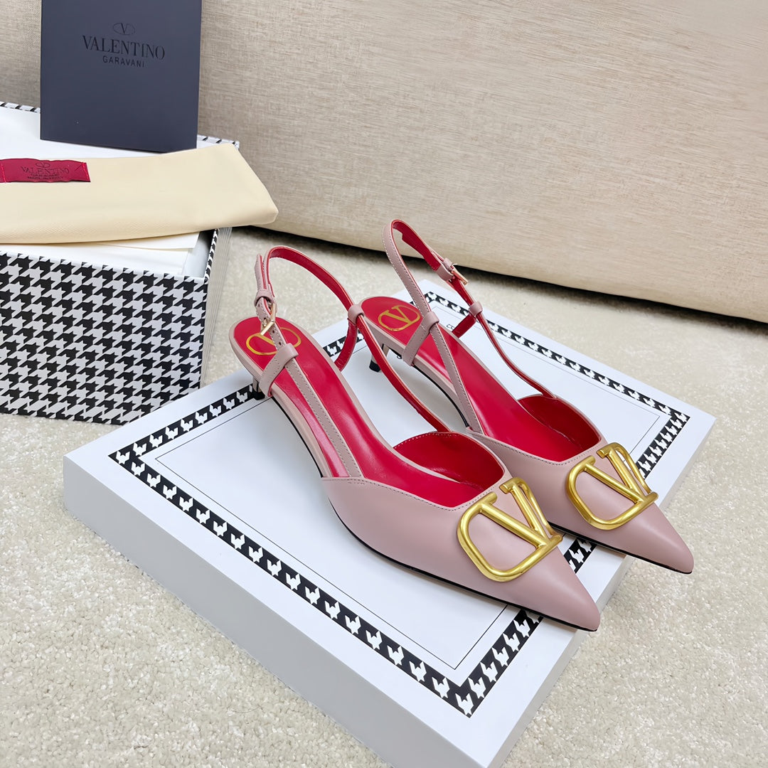 VLOGO SLINGBACK PUMP IN ROSE PINK CALFSKIN LEATHER WITH GOLD LOGO - 35 / 4 cm