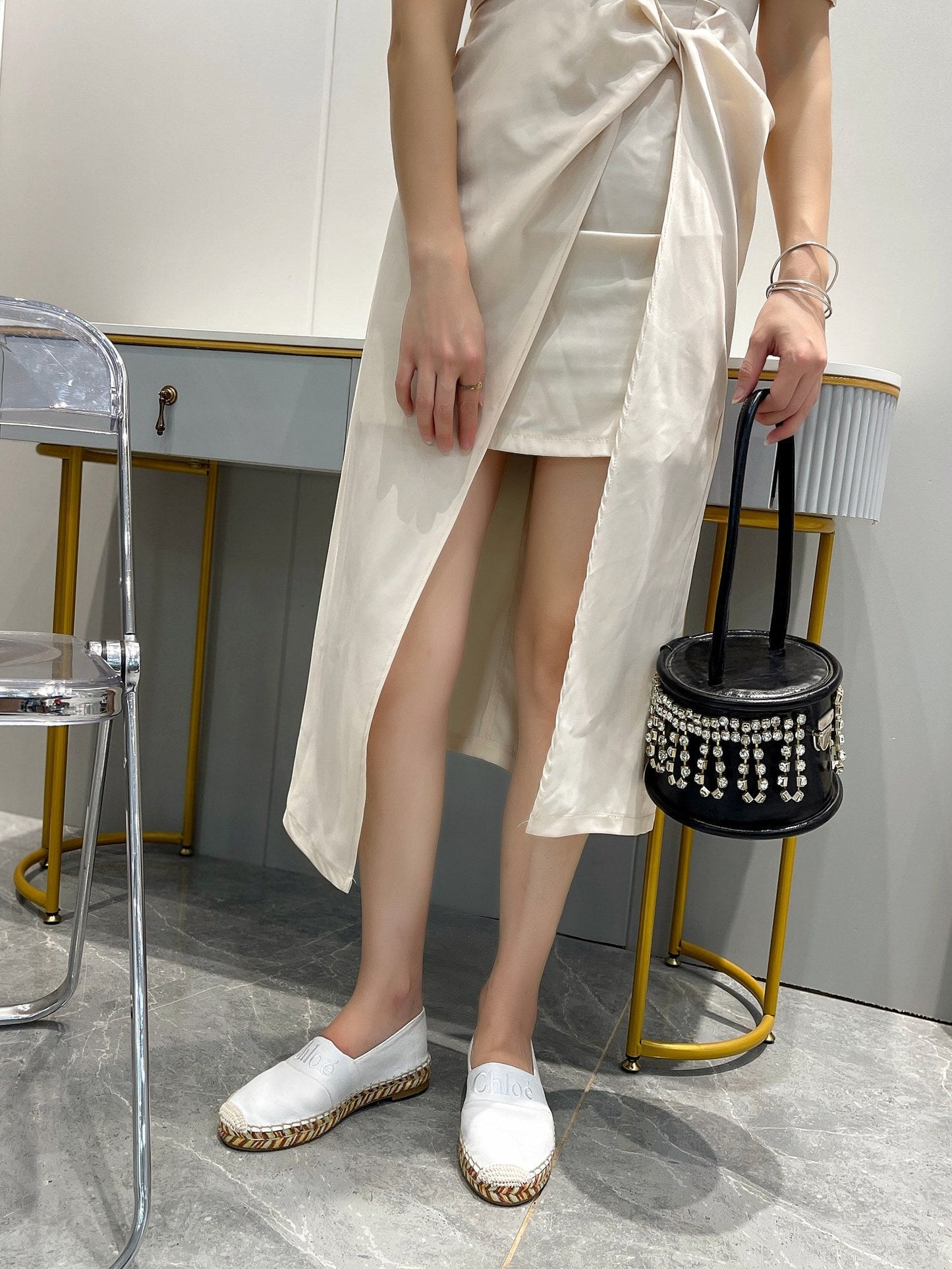 LOAFERS IN WHITE FABRIC AND RAFFIA - 35
