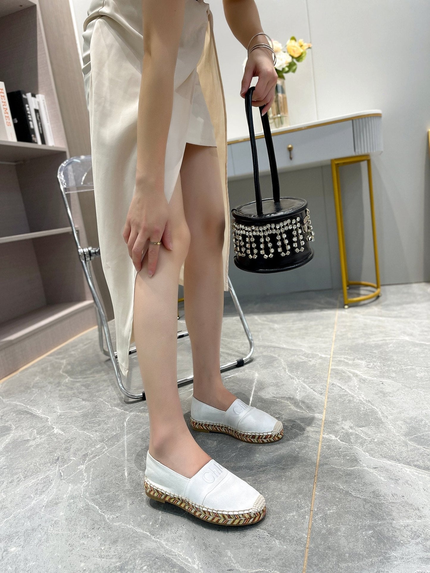 LOAFERS IN WHITE FABRIC AND RAFFIA - 35