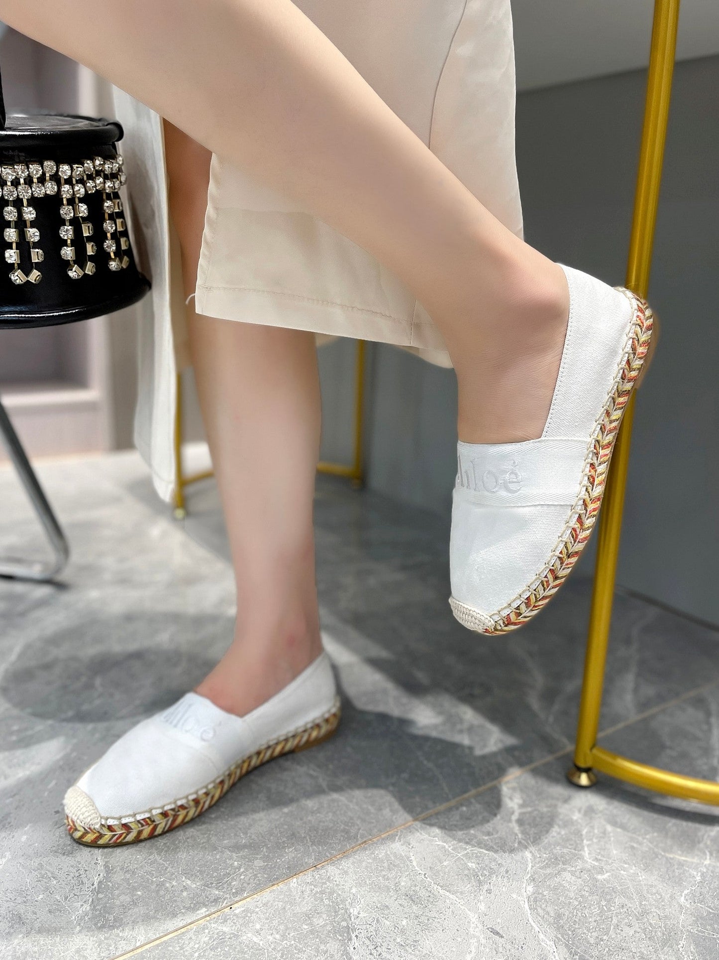 LOAFERS IN WHITE FABRIC AND RAFFIA - 35