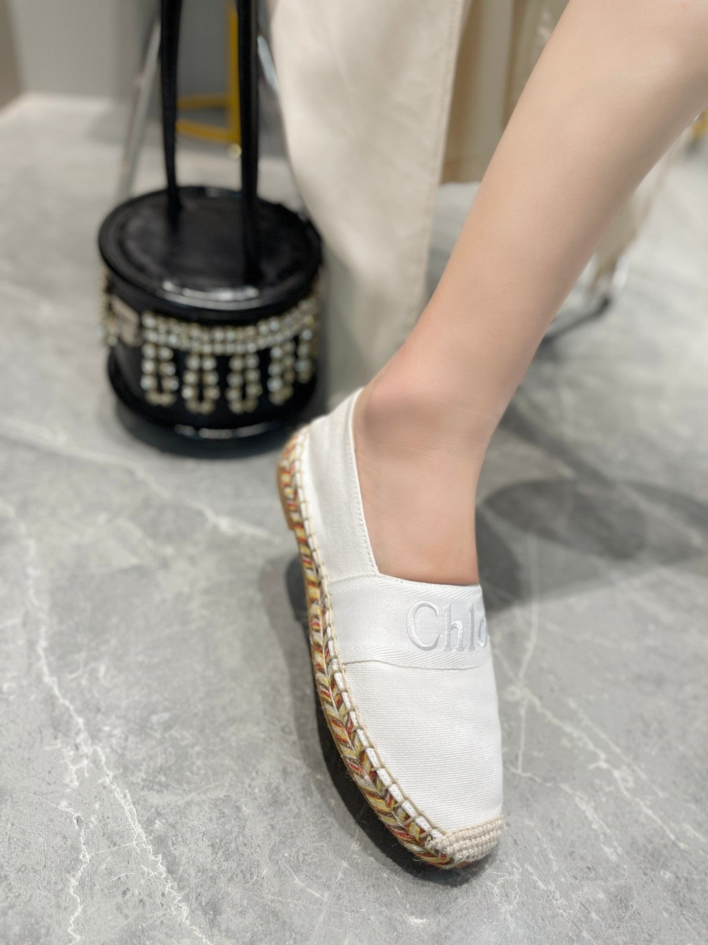 LOAFERS IN WHITE FABRIC AND RAFFIA - 35