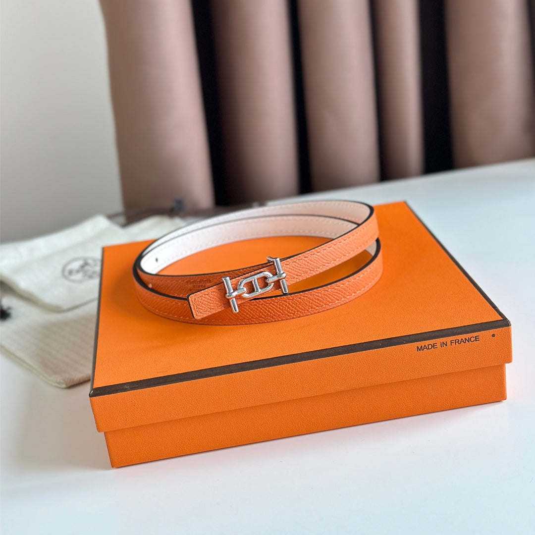 HM ANCRE BUCKLE & REVERSIBLE WHITE AND ORANGE LEATHER STRAP 13MM SILVER HARDWARE - 30