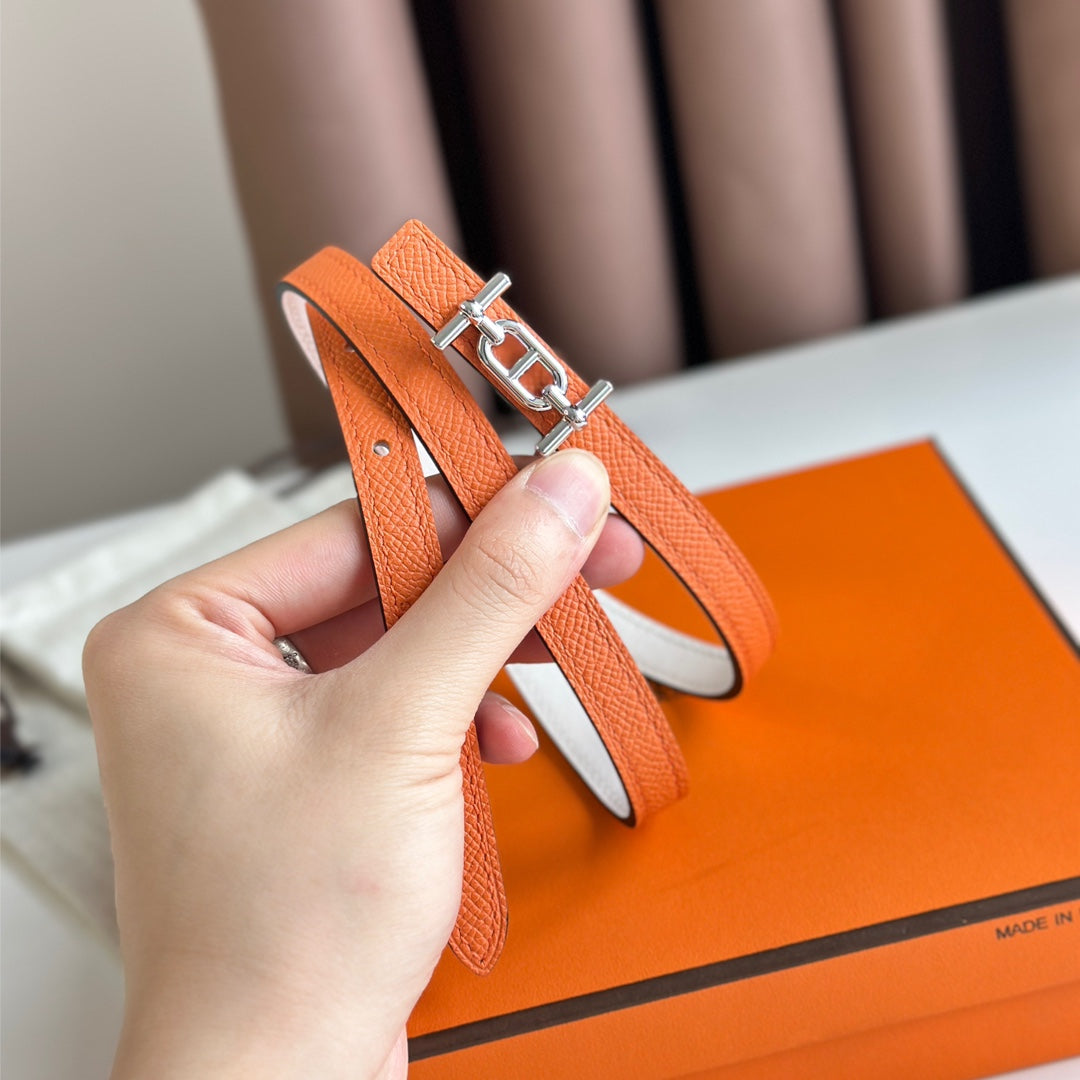 HM ANCRE BUCKLE & REVERSIBLE WHITE AND ORANGE LEATHER STRAP 13MM SILVER HARDWARE - 30
