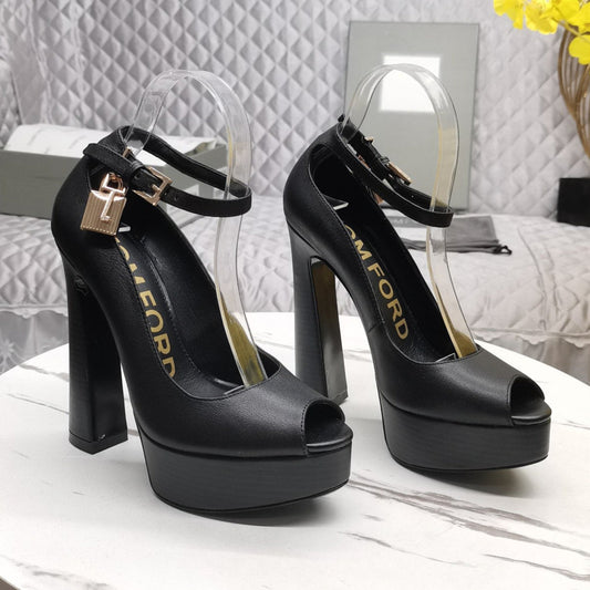 Черевики-човники PADLOCK PLATFORM PEEP TOE 14 СМ З ЧОРНОЇ ТЕЛЯЧОЇ ШКІРИ