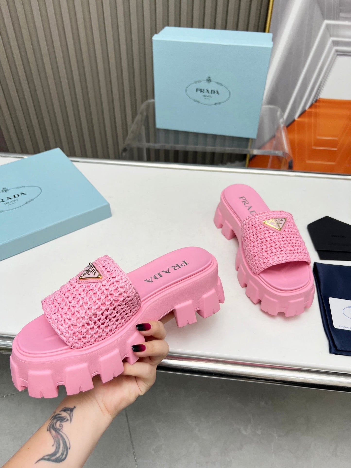 PRA THICK-SOLED CROCHET SANDALS PINK WOVEN FABRIC - 35