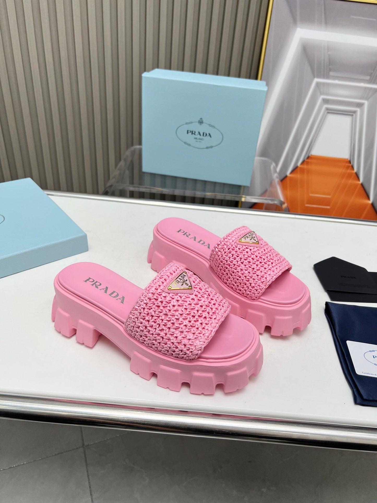 PRA THICK-SOLED CROCHET SANDALS PINK WOVEN FABRIC - 35