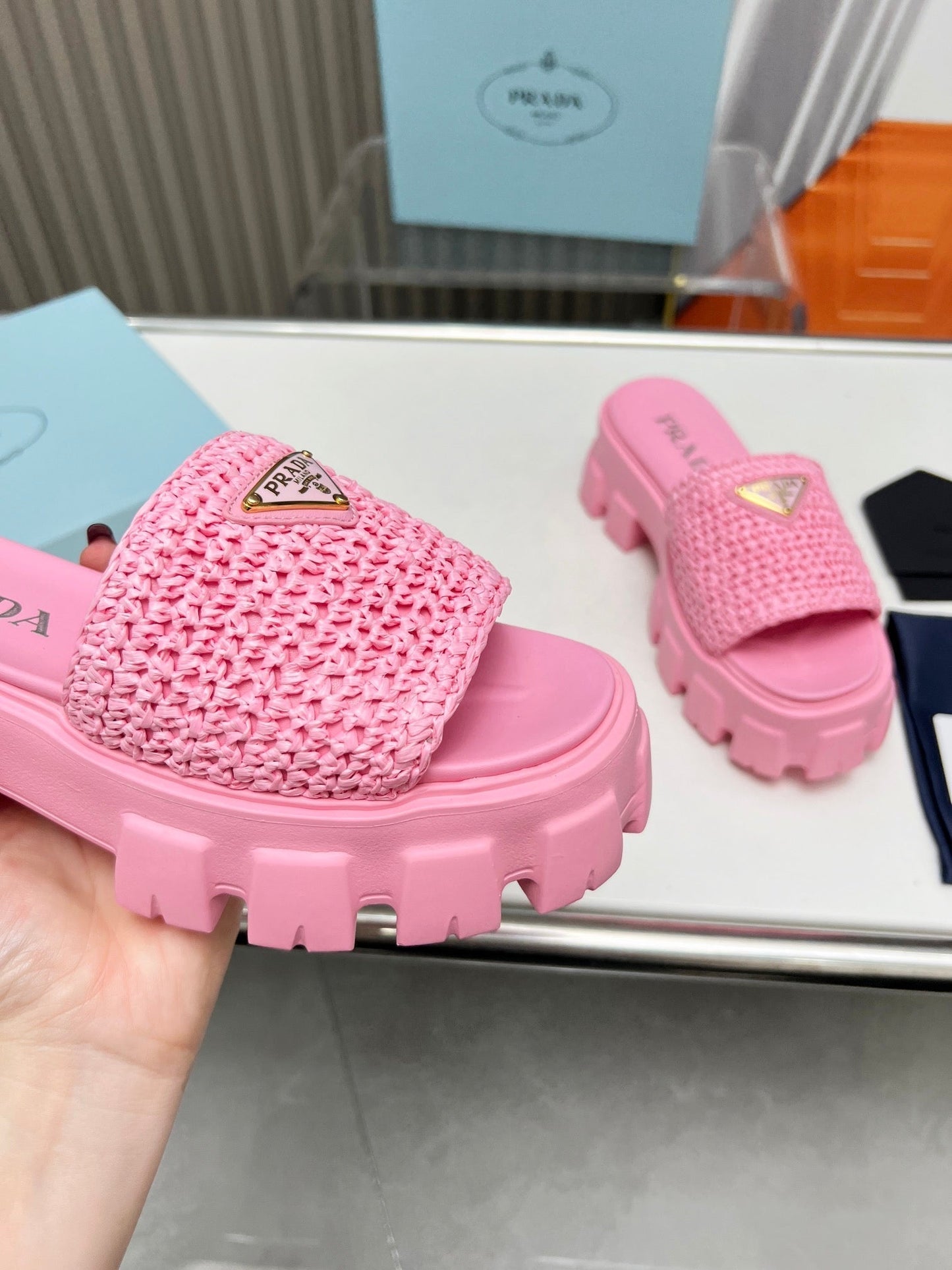 PRA THICK-SOLED CROCHET SANDALS PINK WOVEN FABRIC - 35