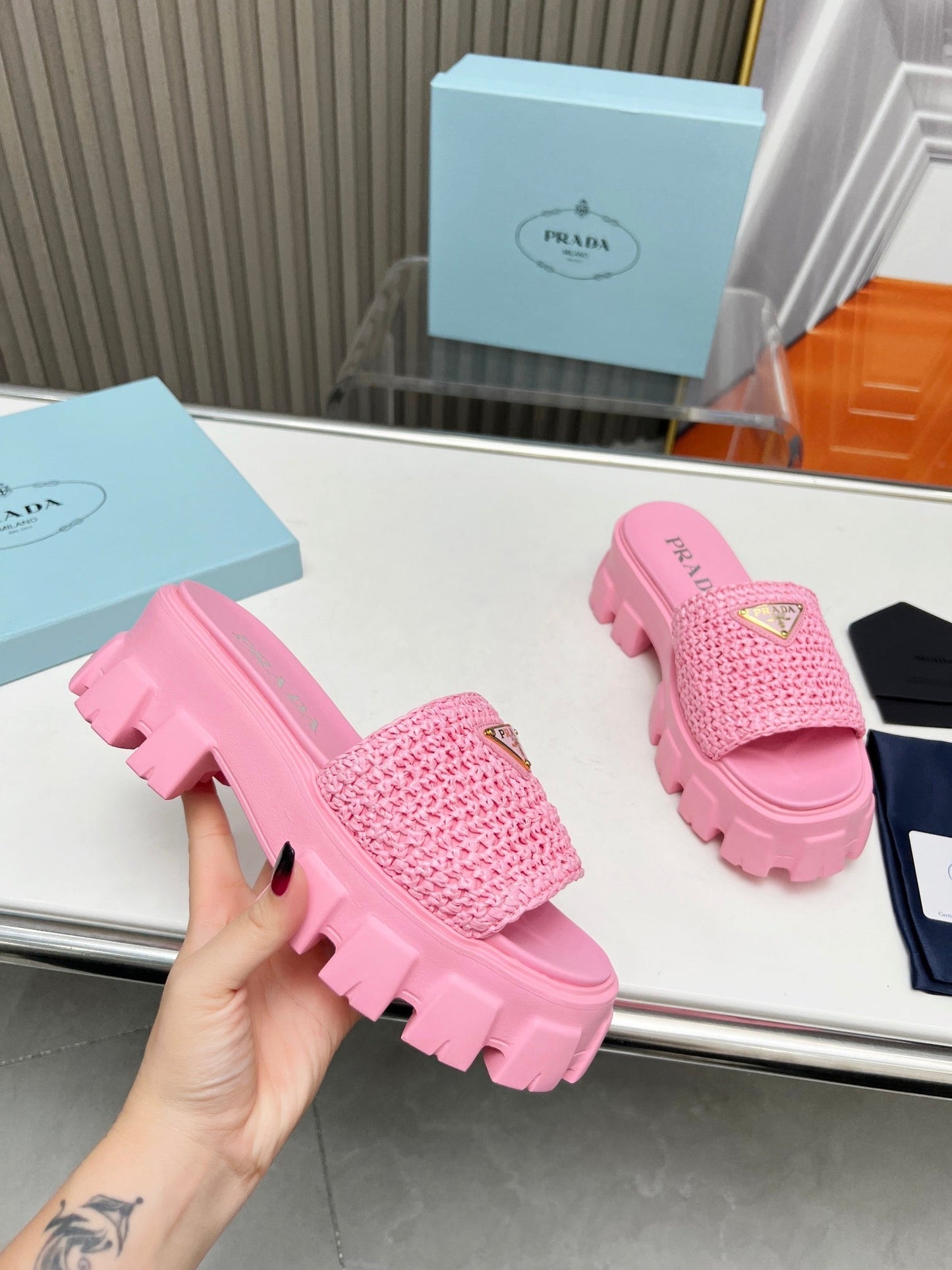 PRA THICK-SOLED CROCHET SANDALS PINK WOVEN FABRIC - 35
