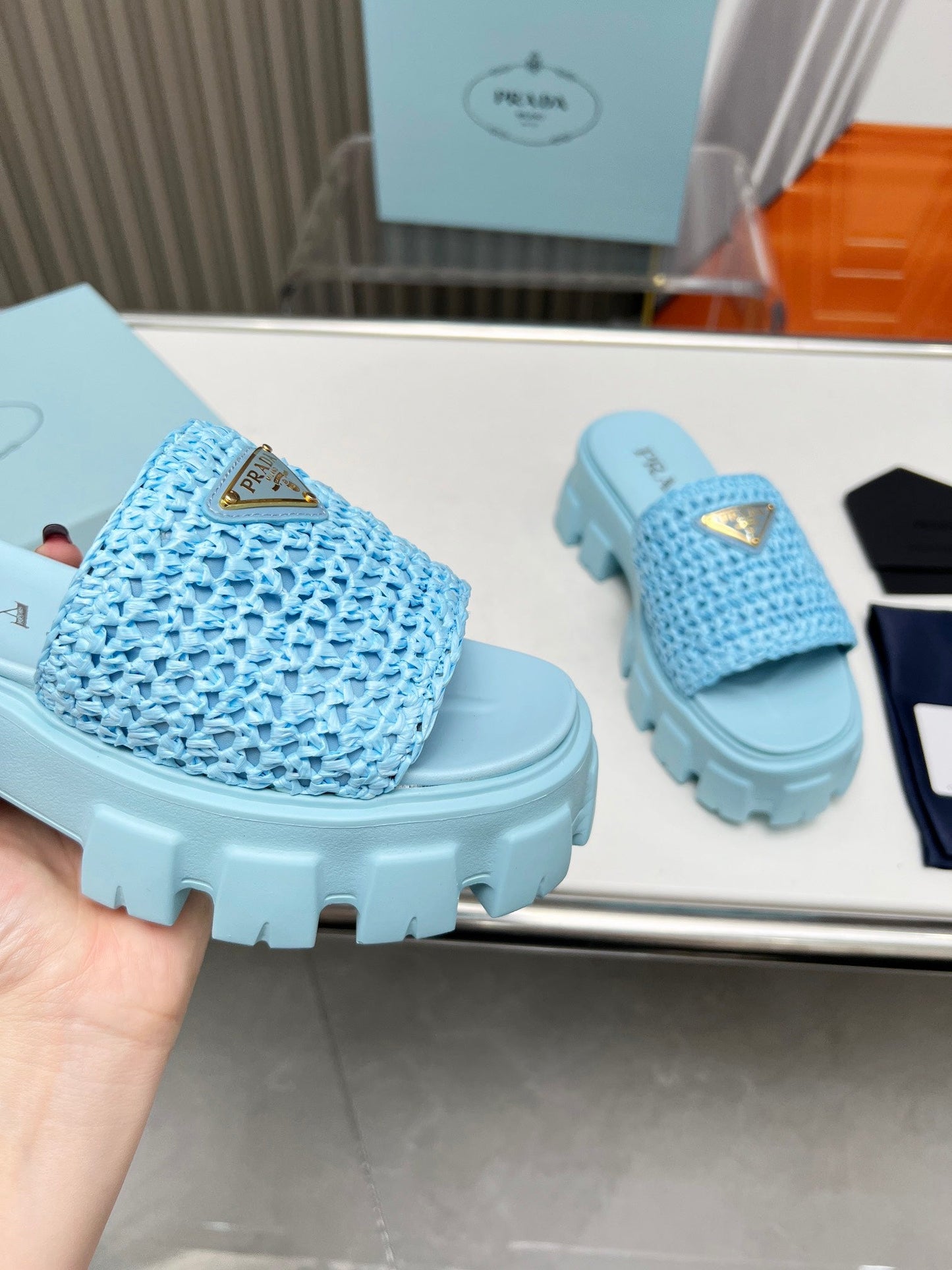 PRA THICK-SOLED CROCHET SANDALS SKY WOVEN FABRIC - 35
