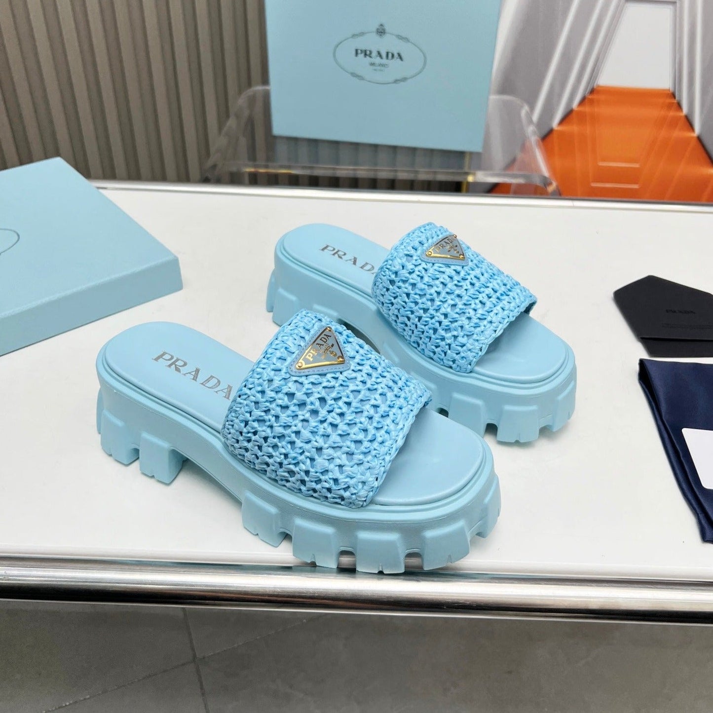 PRA THICK-SOLED CROCHET SANDALS SKY WOVEN FABRIC - 35