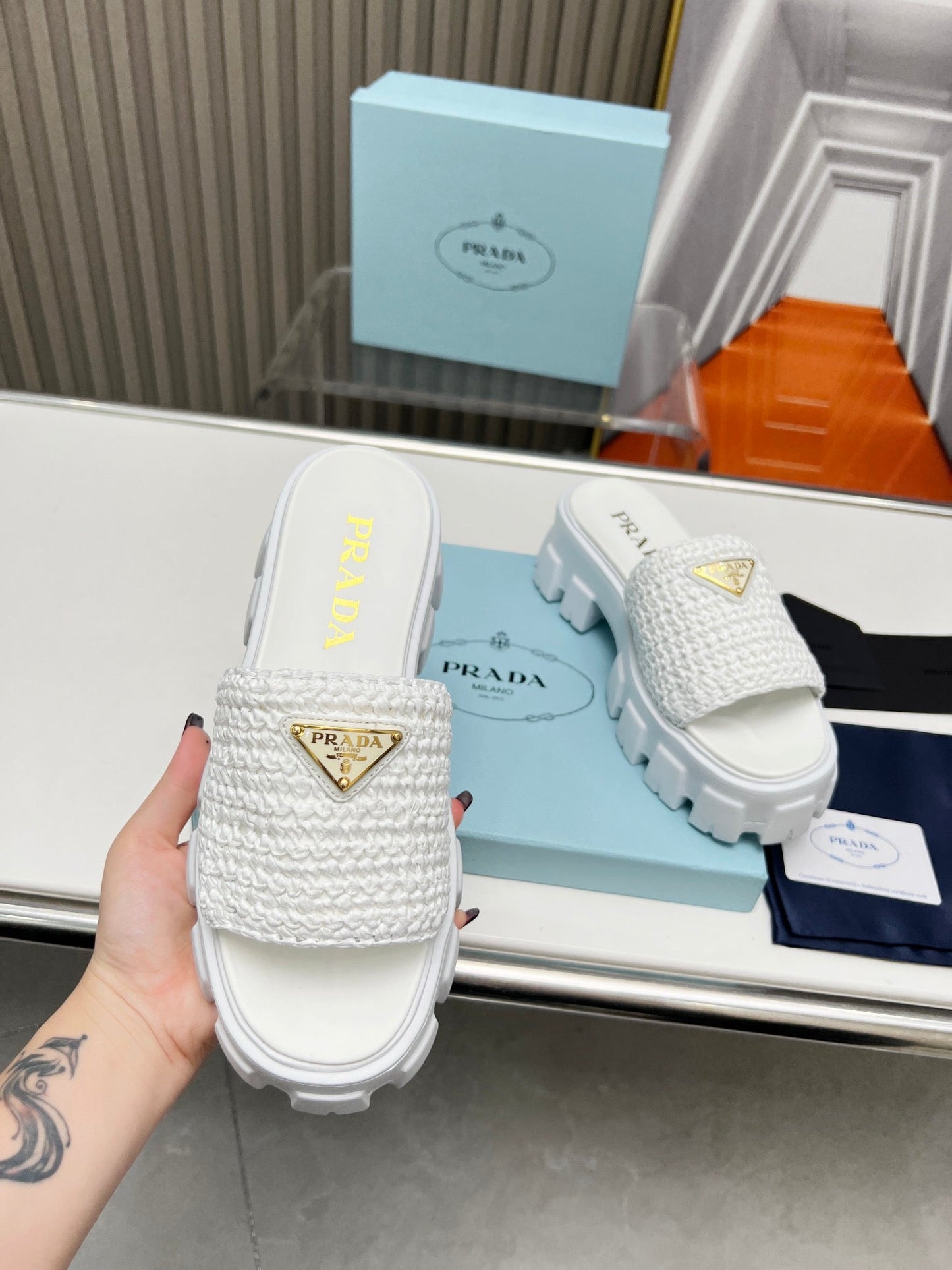 PRA THICK-SOLED CROCHET SANDALS WHITE WOVEN FABRIC - 35