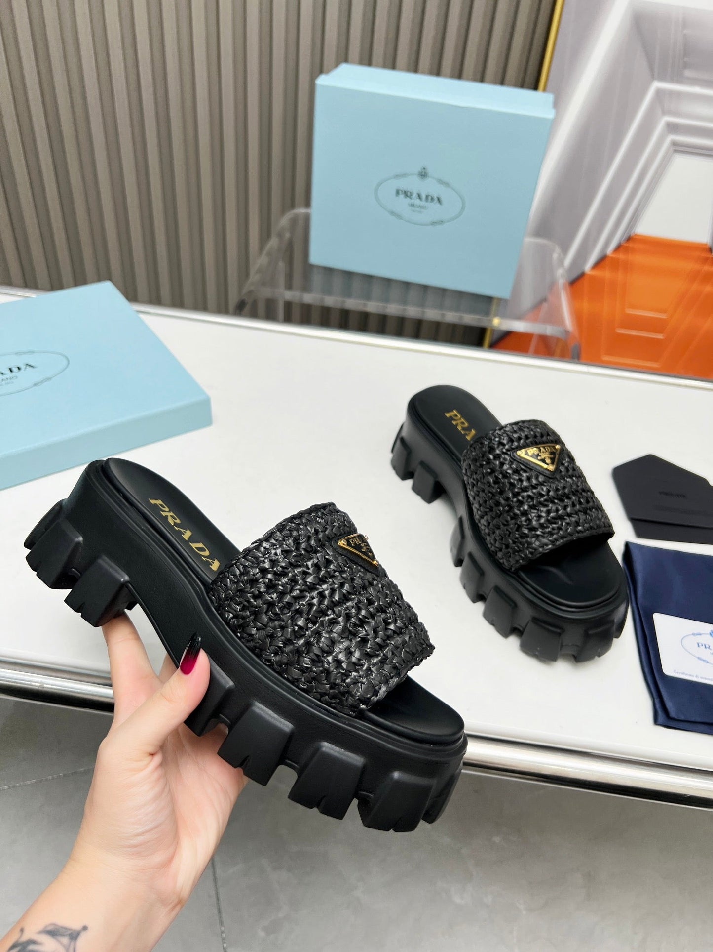PRA THICK-SOLED CROCHET SANDALS BLACK WOVEN FABRIC - 35