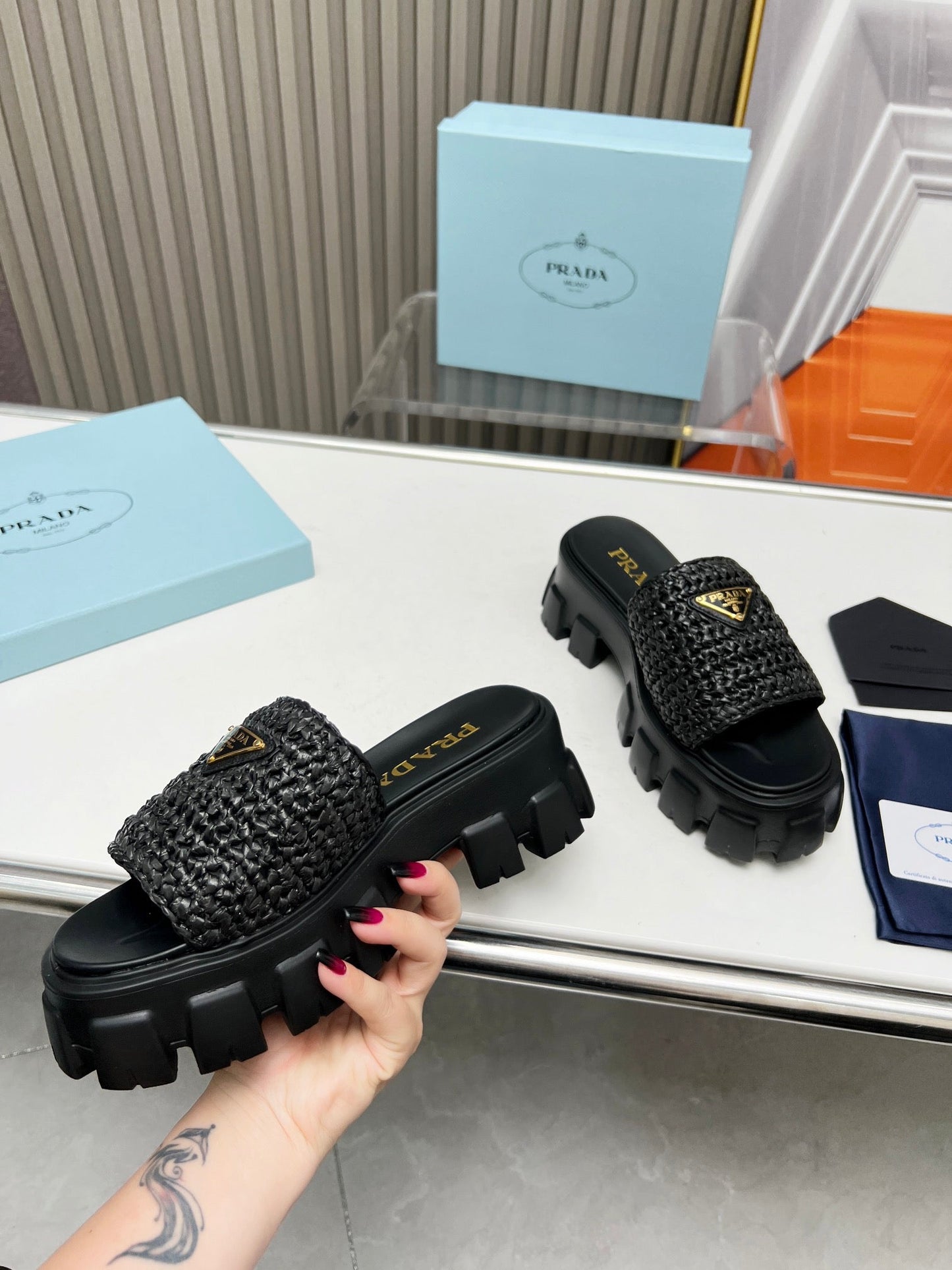 PRA THICK-SOLED CROCHET SANDALS BLACK WOVEN FABRIC - 35