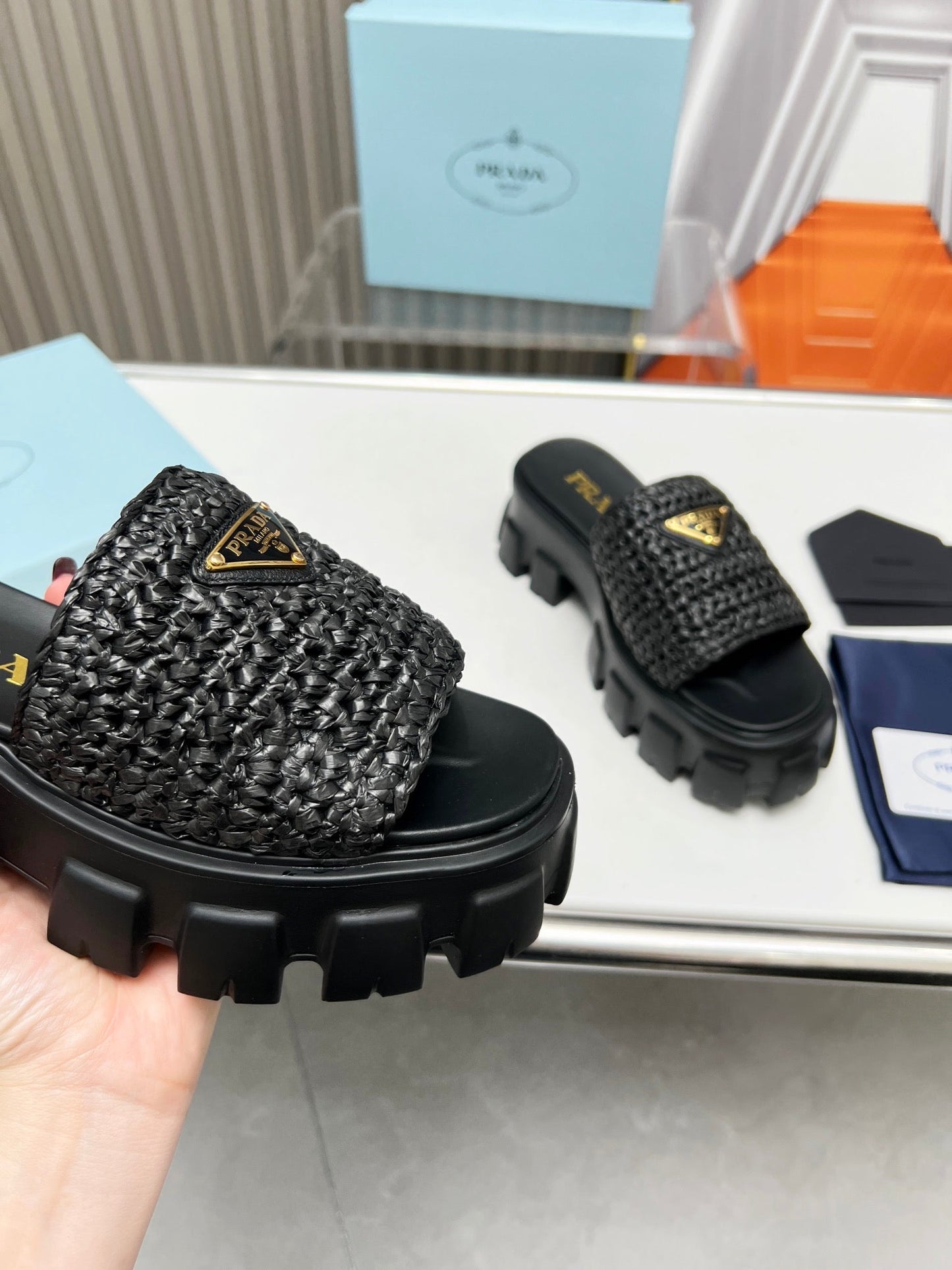 PRA THICK-SOLED CROCHET SANDALS BLACK WOVEN FABRIC - 35